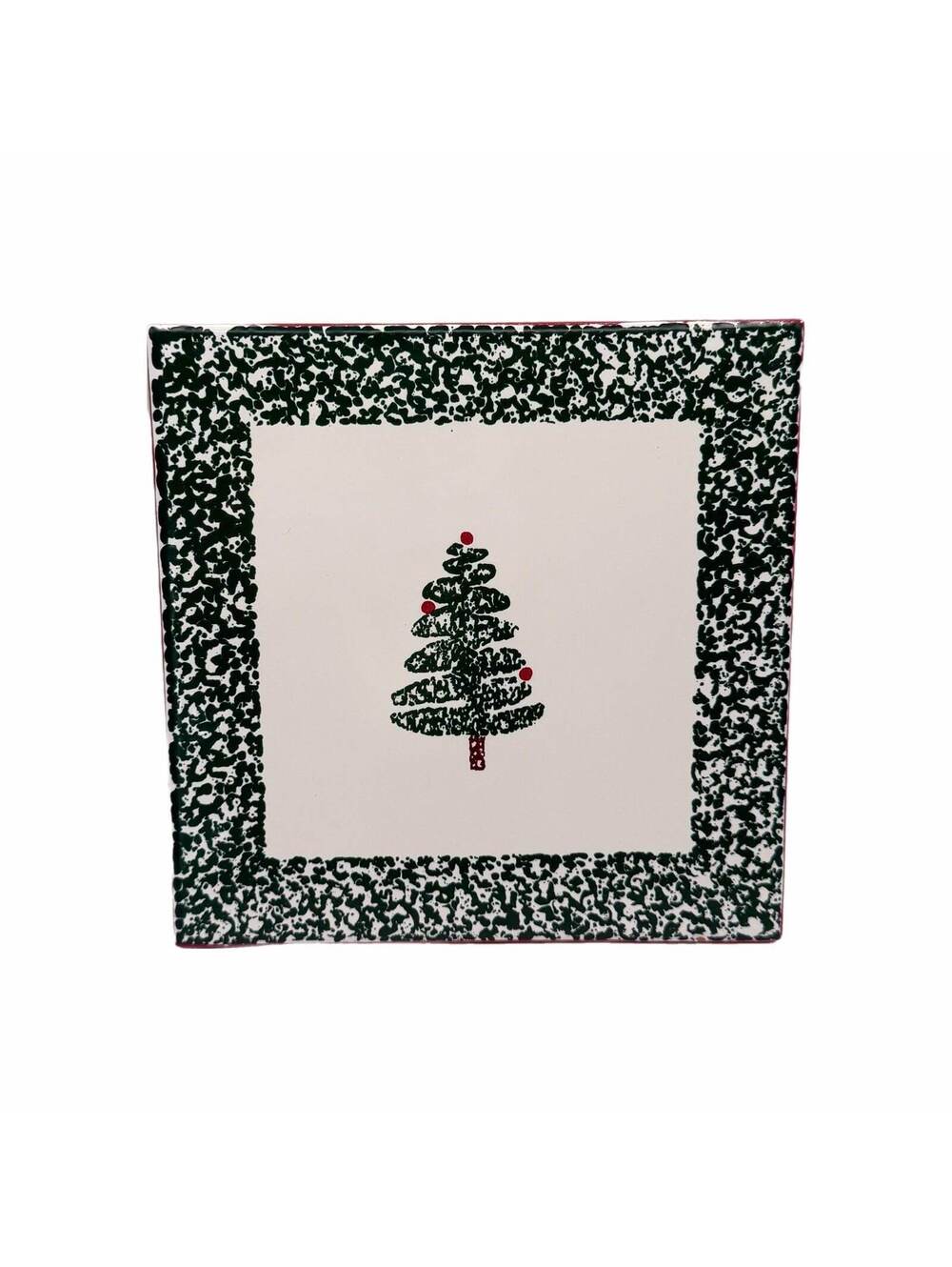 Vintage Furio 8” Christmas Tree Ceramic Trivet – Green Spongeware – Italy